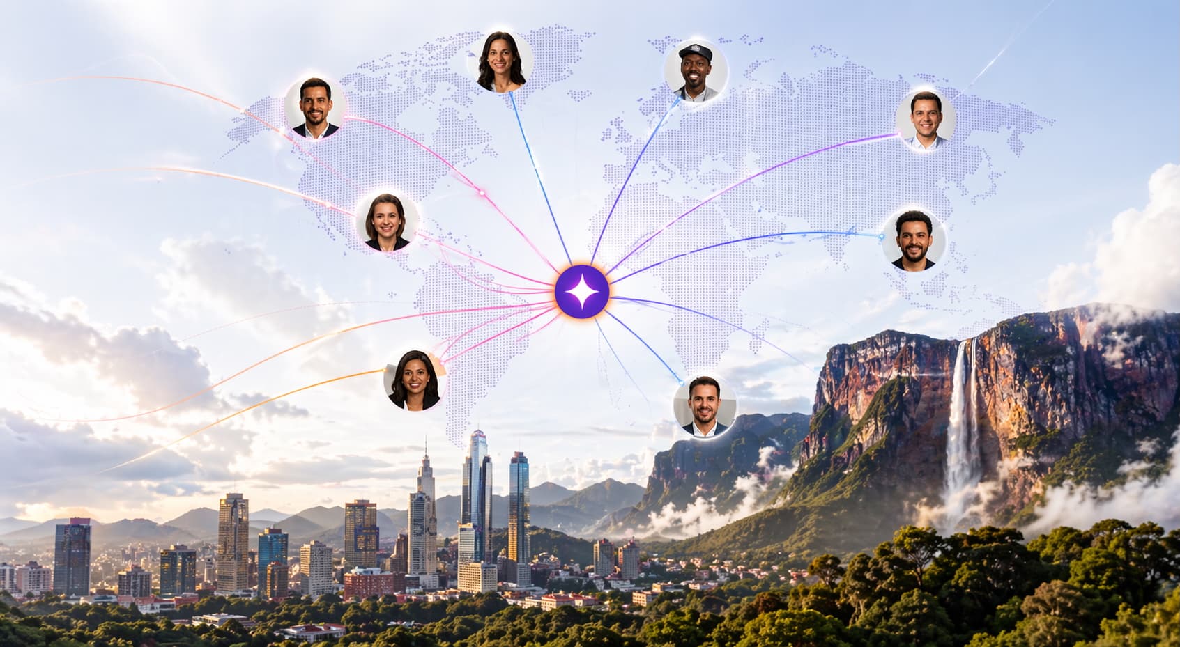Caracas skyline and Angel Falls with the La Promo constellation network